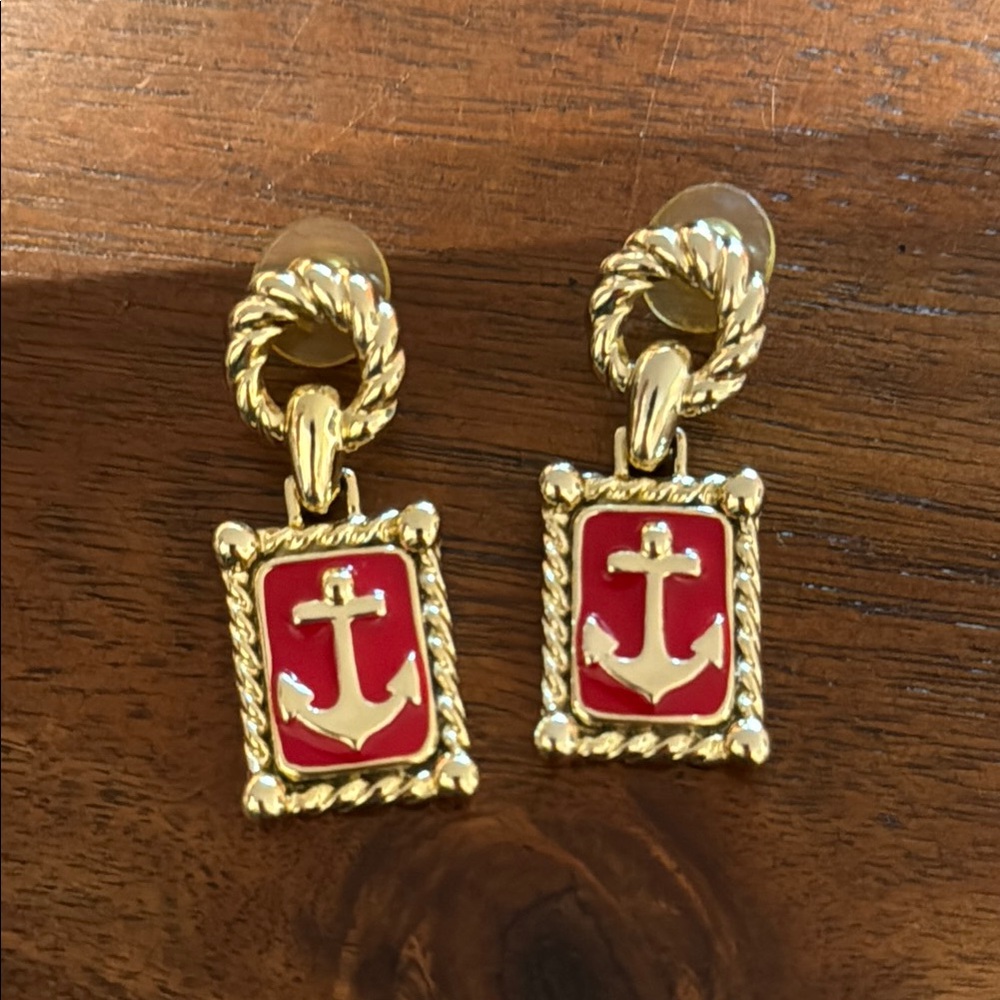 Gold and Red Anchor Earrings